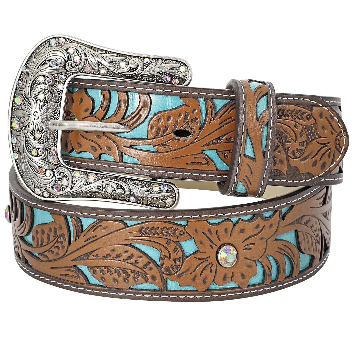 Western Belts for Women Cowgirl Cowboy Country Belt Turquoise Rhinestone Leat...