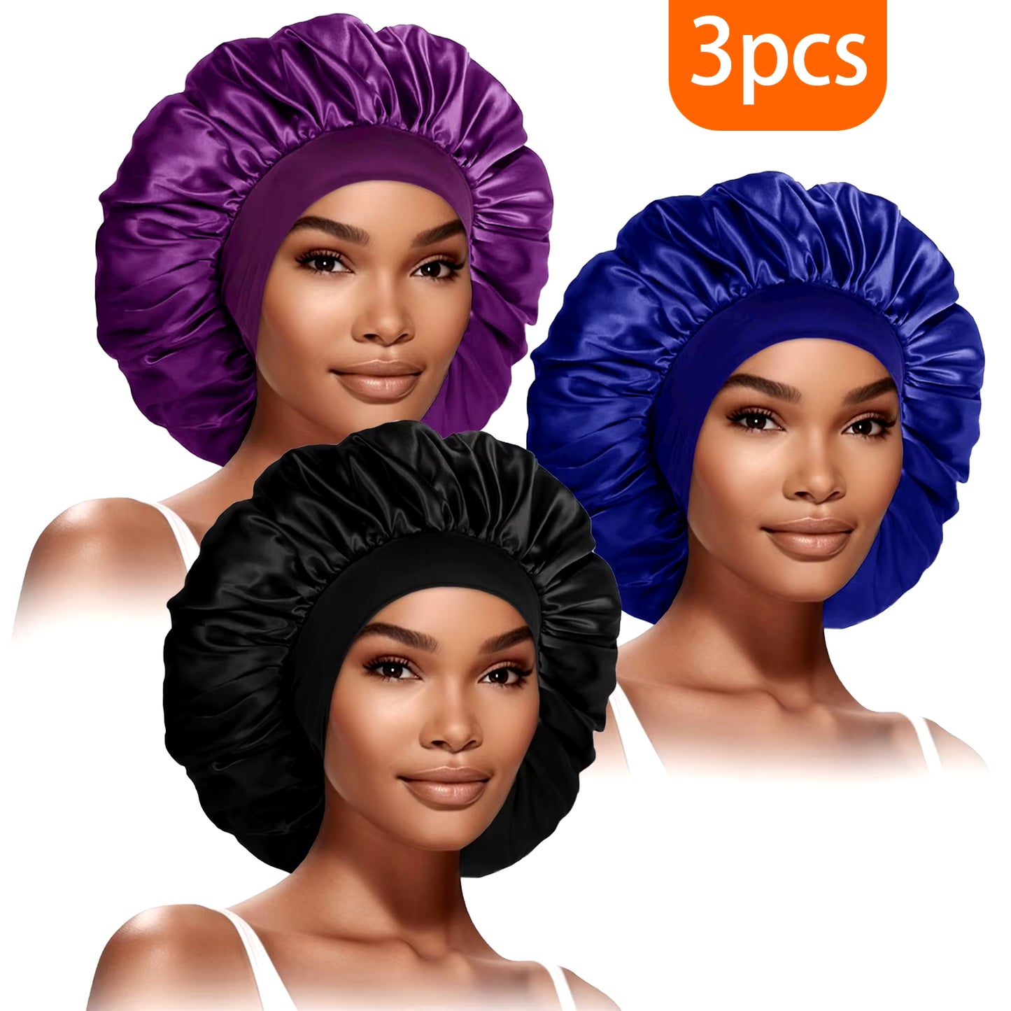 3Pcs Women'S Fashion Bonnet Large Wide Edge Elastic Hat Casual Sports Silk Smooth Suitable for Curled Straight Hair Sleeping Hat