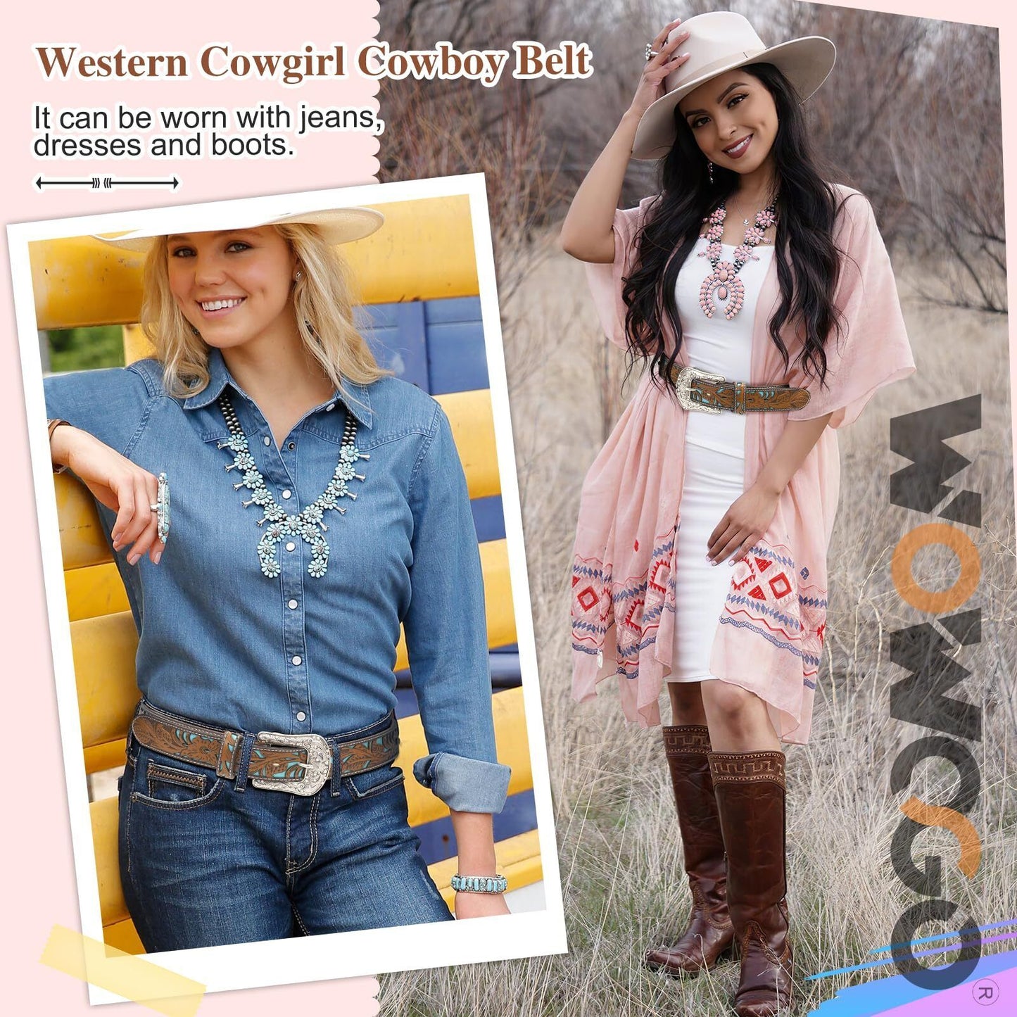 Western Belts for Women Cowgirl Cowboy Country Belt Turquoise Rhinestone Leat...