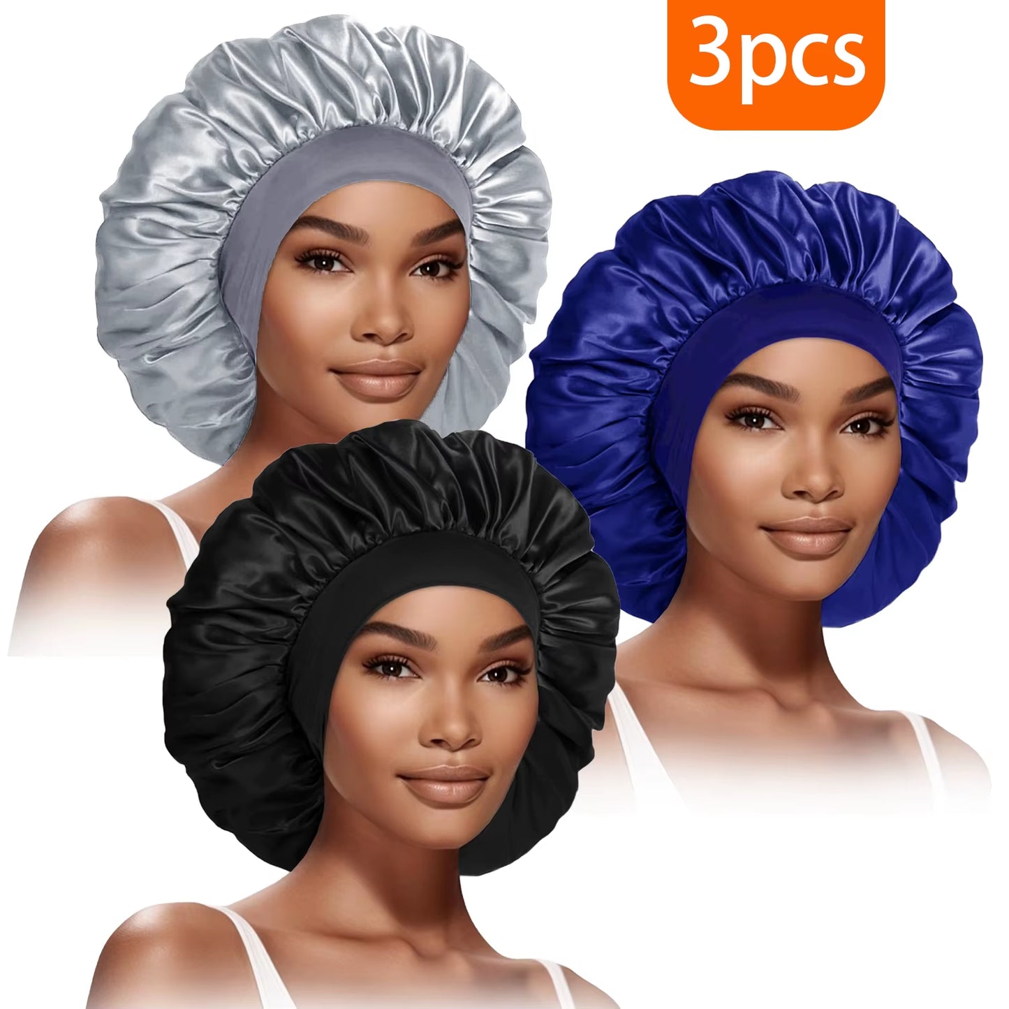 3Pcs Women'S Fashion Bonnet Large Wide Edge Elastic Hat Casual Sports Silk Smooth Suitable for Curled Straight Hair Sleeping Hat