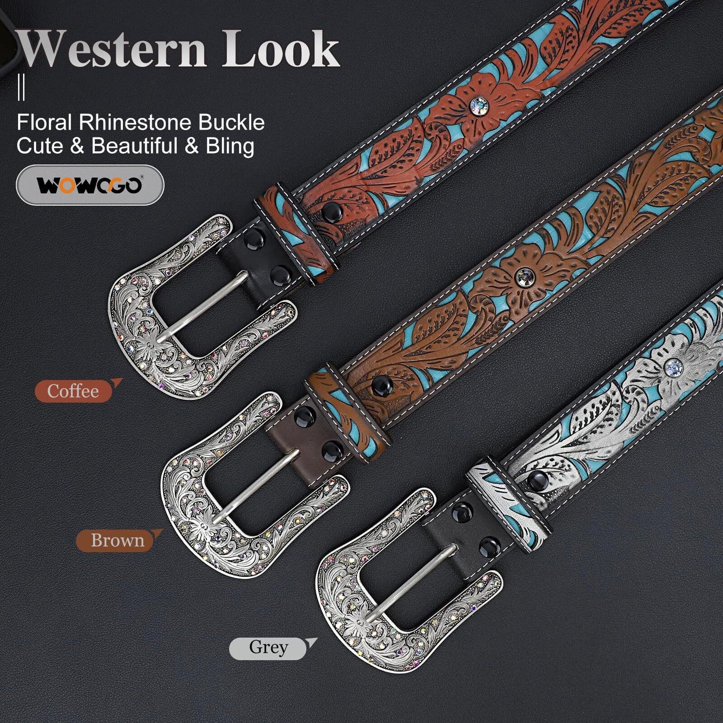 Western Belts for Women Cowgirl Cowboy Country Belt Turquoise Rhinestone Leat...