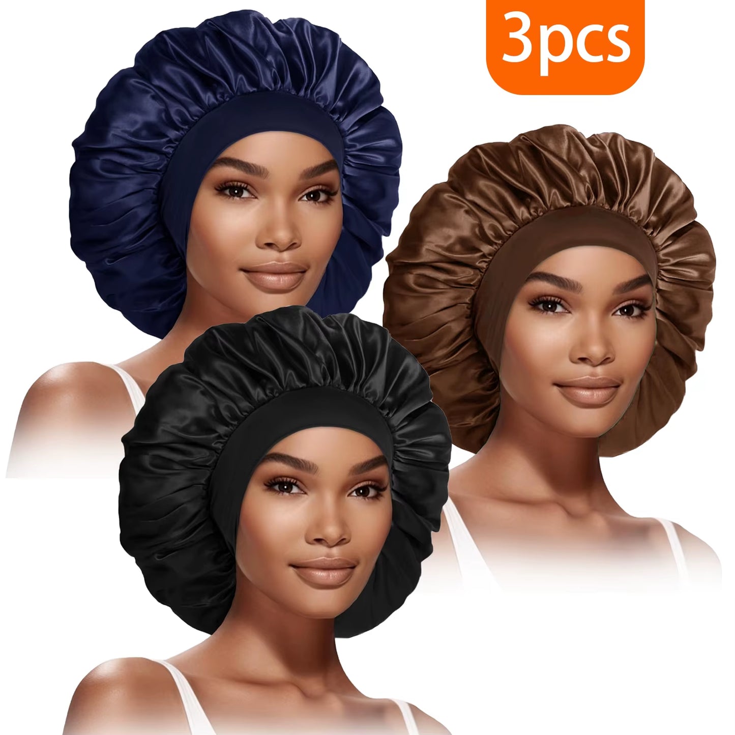 3Pcs Women'S Fashion Bonnet Large Wide Edge Elastic Hat Casual Sports Silk Smooth Suitable for Curled Straight Hair Sleeping Hat