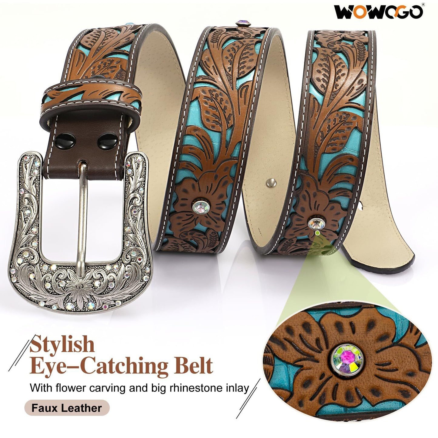 Western Belts for Women Cowgirl Cowboy Country Belt Turquoise Rhinestone Leat...