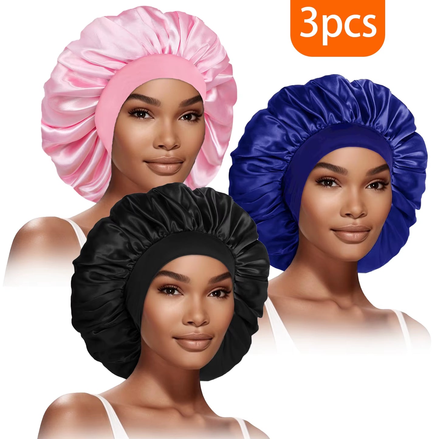 3Pcs Women'S Fashion Bonnet Large Wide Edge Elastic Hat Casual Sports Silk Smooth Suitable for Curled Straight Hair Sleeping Hat