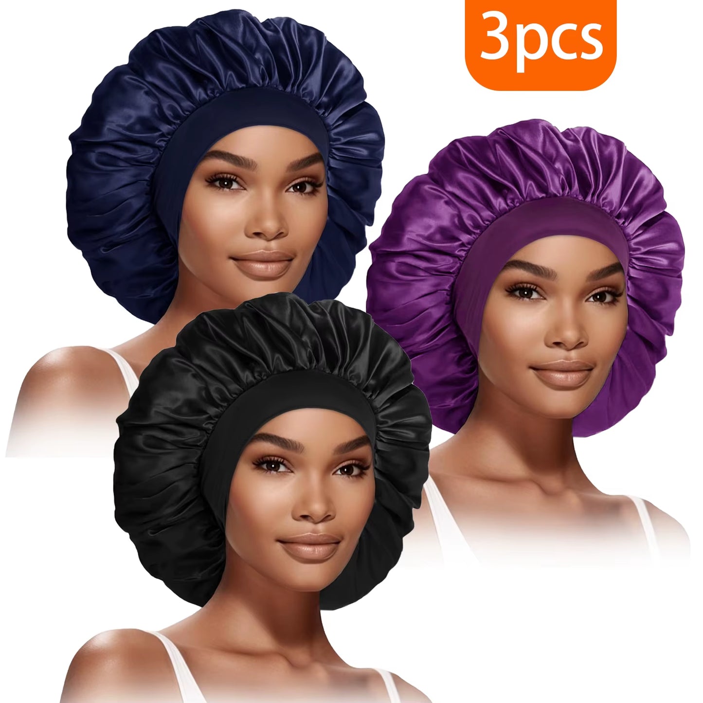 3Pcs Women'S Fashion Bonnet Large Wide Edge Elastic Hat Casual Sports Silk Smooth Suitable for Curled Straight Hair Sleeping Hat