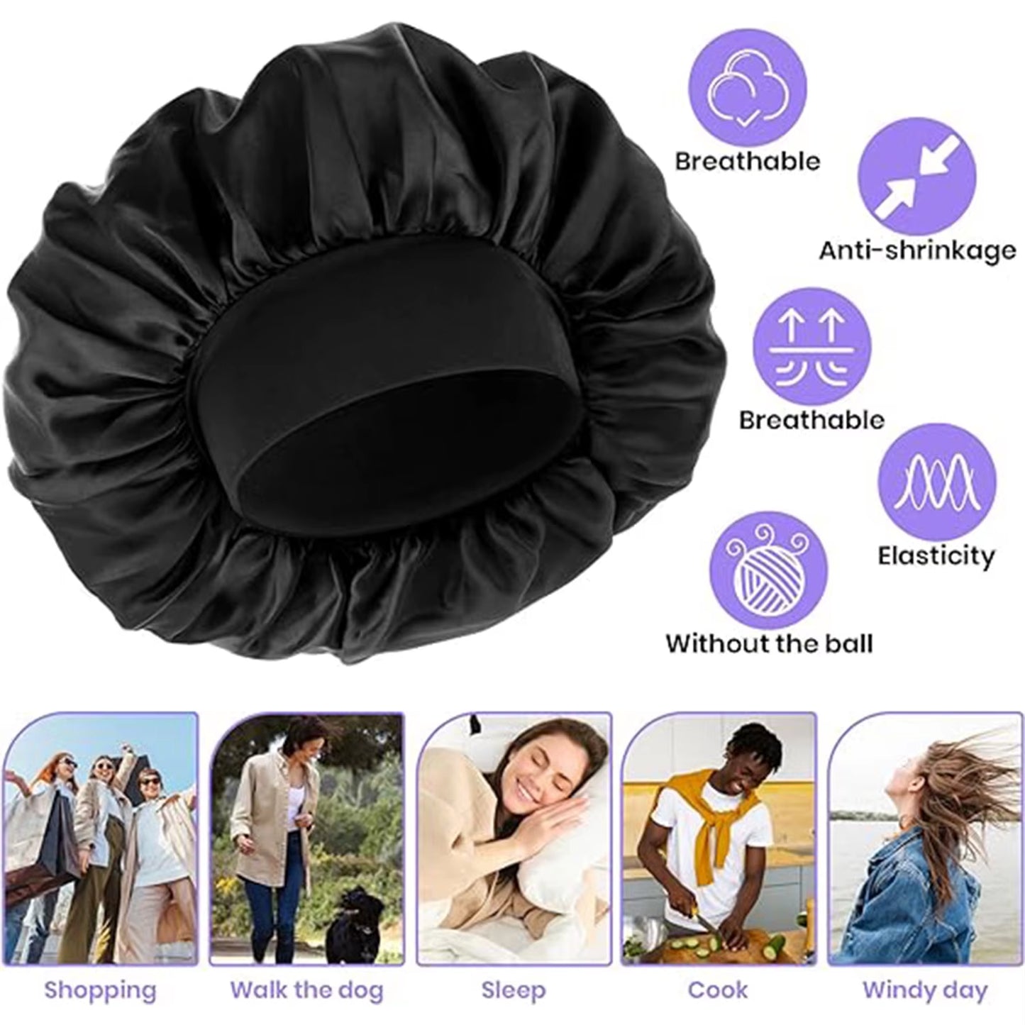 3Pcs Women'S Fashion Bonnet Large Wide Edge Elastic Hat Casual Sports Silk Smooth Suitable for Curled Straight Hair Sleeping Hat