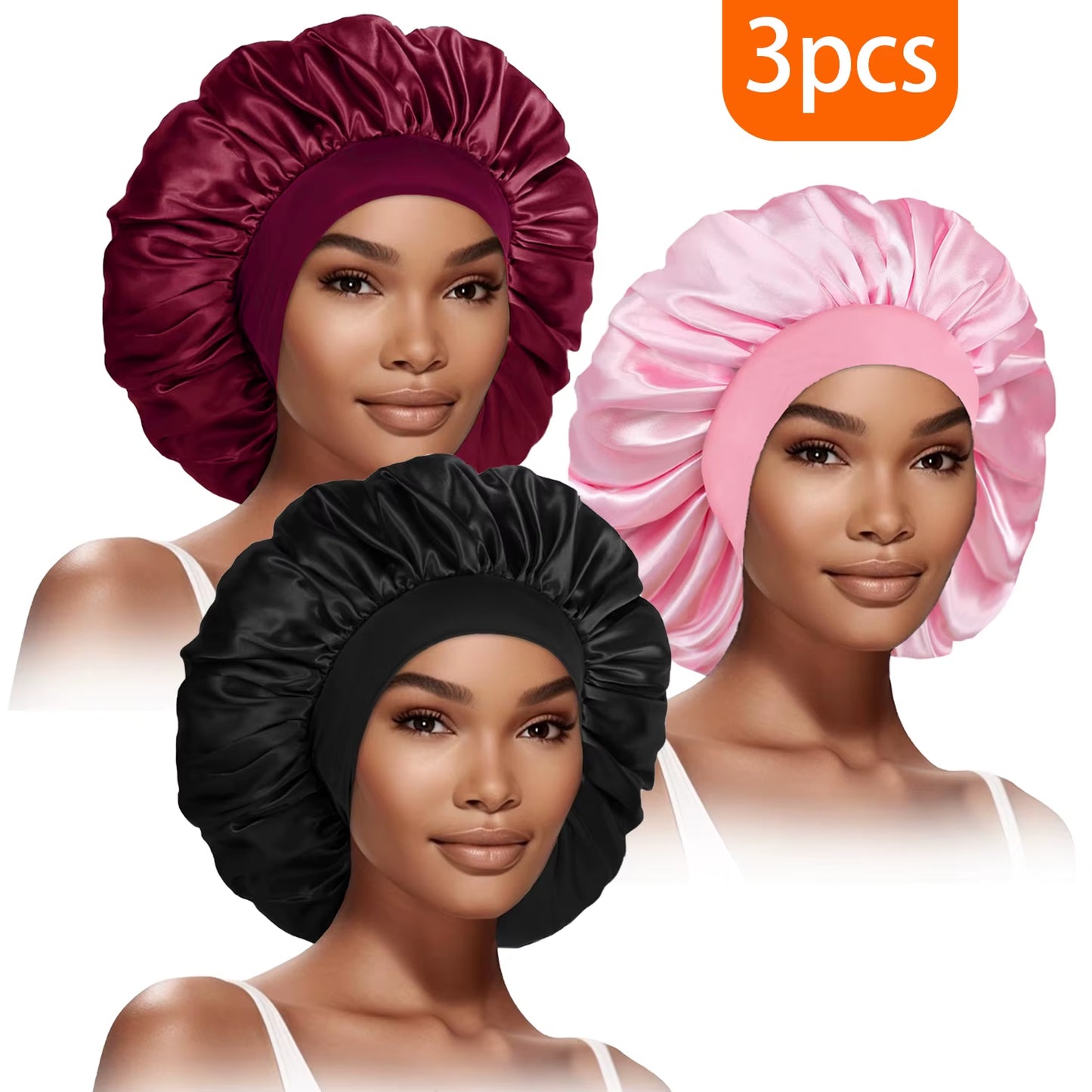 3Pcs Women'S Fashion Bonnet Large Wide Edge Elastic Hat Casual Sports Silk Smooth Suitable for Curled Straight Hair Sleeping Hat