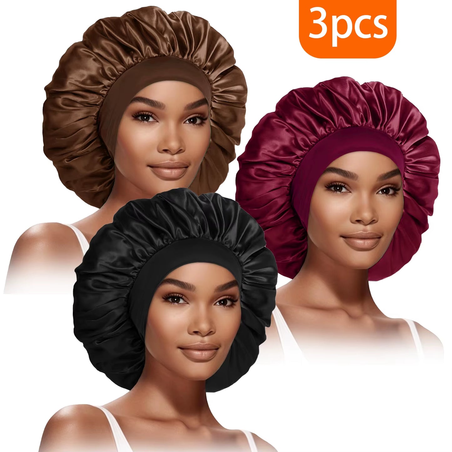 3Pcs Women'S Fashion Bonnet Large Wide Edge Elastic Hat Casual Sports Silk Smooth Suitable for Curled Straight Hair Sleeping Hat