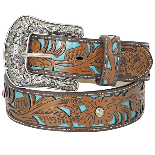Western Belts for Women Cowgirl Cowboy Country Belt Turquoise Rhinestone Leat...