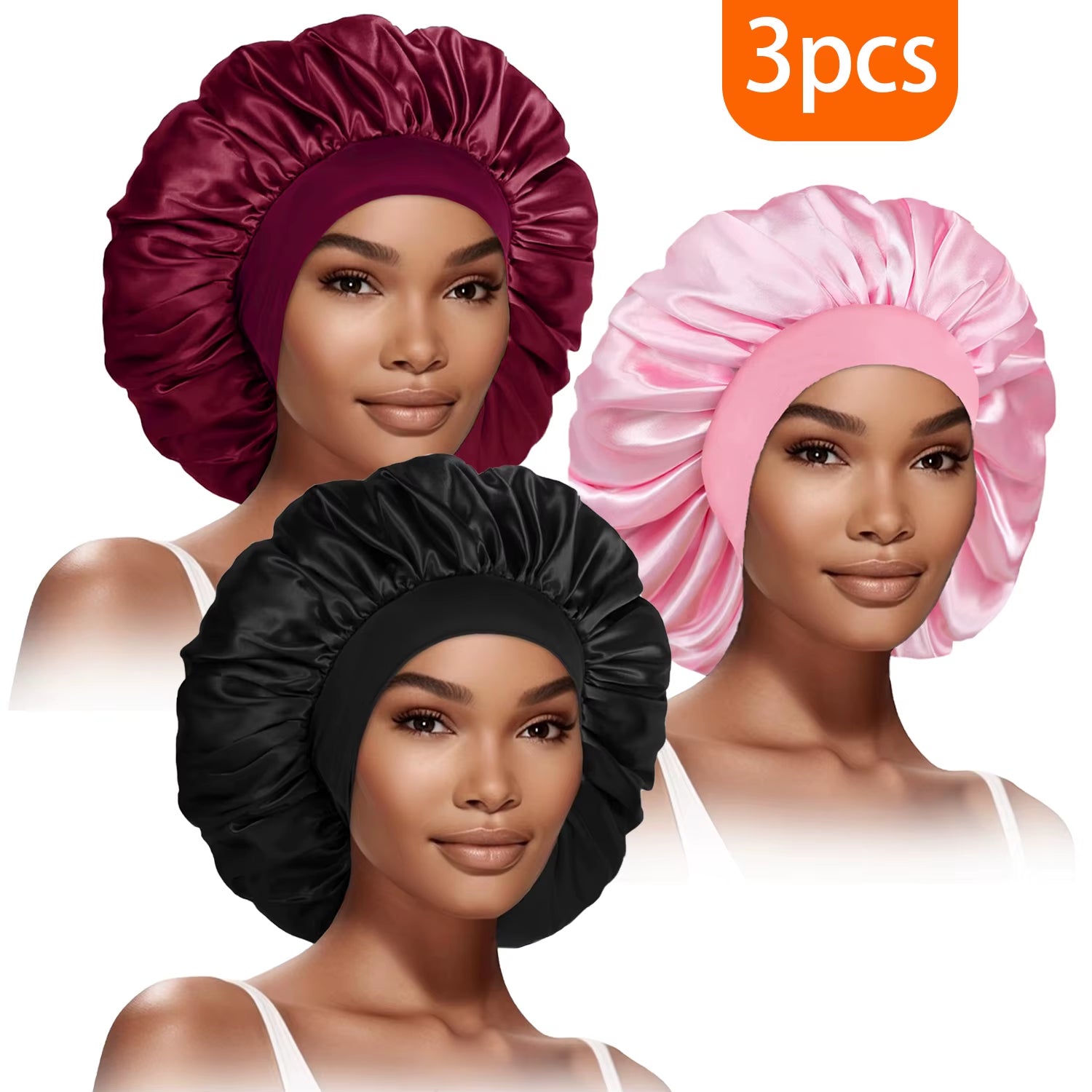 3Pcs Women'S Fashion Bonnet Large Wide Edge Elastic Hat Casual Sports Silk Smooth Suitable for Curled Straight Hair Sleeping Hat